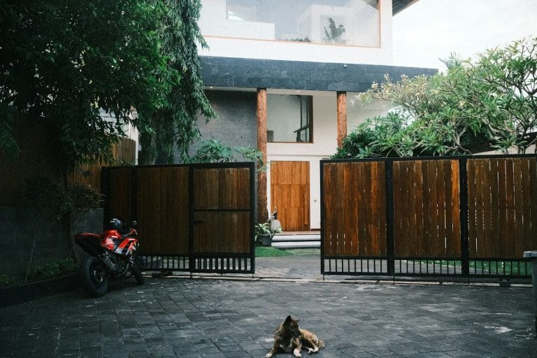 a dog laying on the ground in front of a house